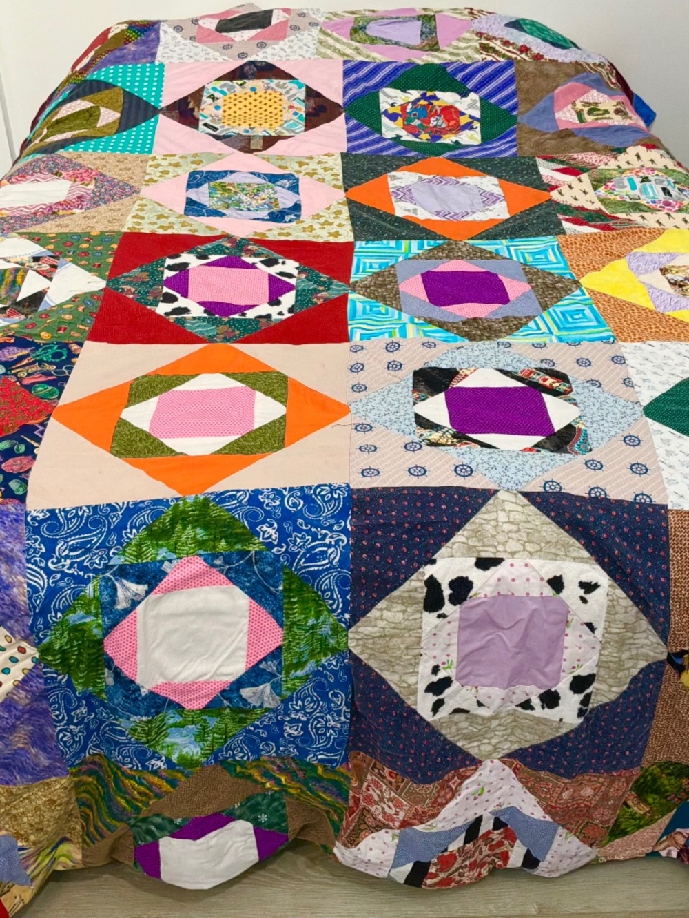 Handmade Vintage Patchwork Quilt Reversible Economy Block Full/Queen 6’x 8’